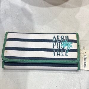 Vintage Aéropostale Nautical Striped Canvas Tri-Fold Wallet - Navy/White/Teal